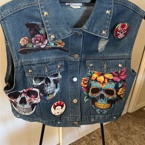 Custom Denim Vest Sugar Skulls 2XL